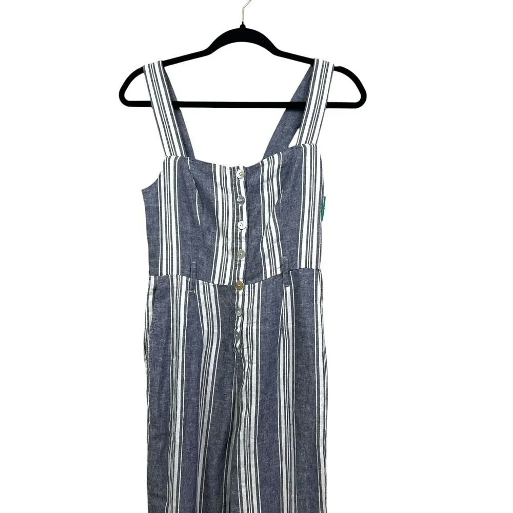 Rails Women Linen Blend Jumpsuit Harper Striped Smocked Pockets Blue White XXS* - Picture 2 of 6
